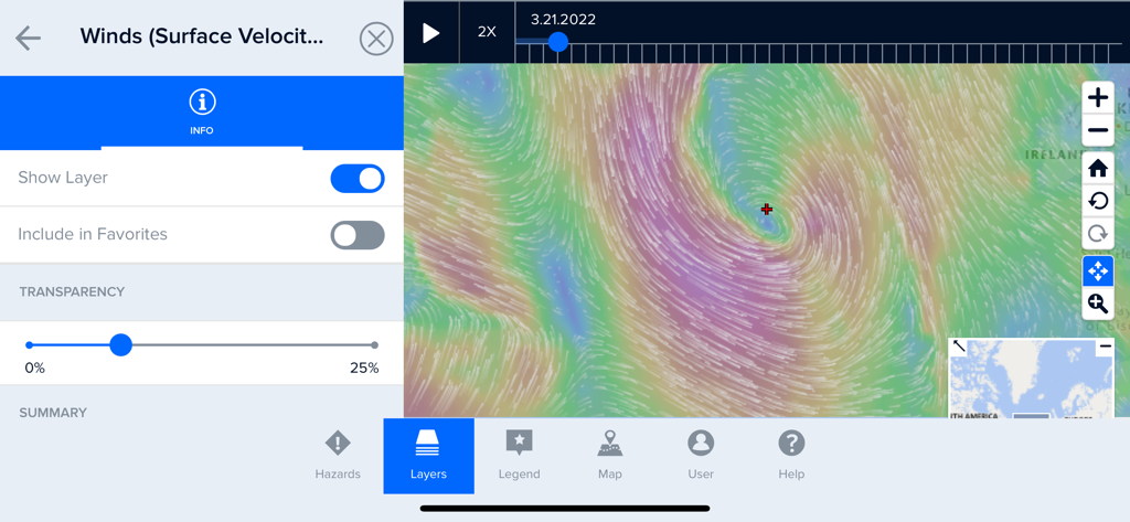 Disaster Alert (PDC Global) - A wind surface velocity map layer in the Disaster Alert app showing a swirling storm pattern over a geographical map.