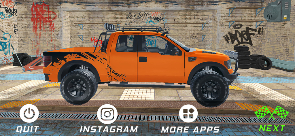 OffRoad 4x4: Parking Game - Camión pickup todoterreno 4x4 anaranjado en un garaje con paredes de grafiti