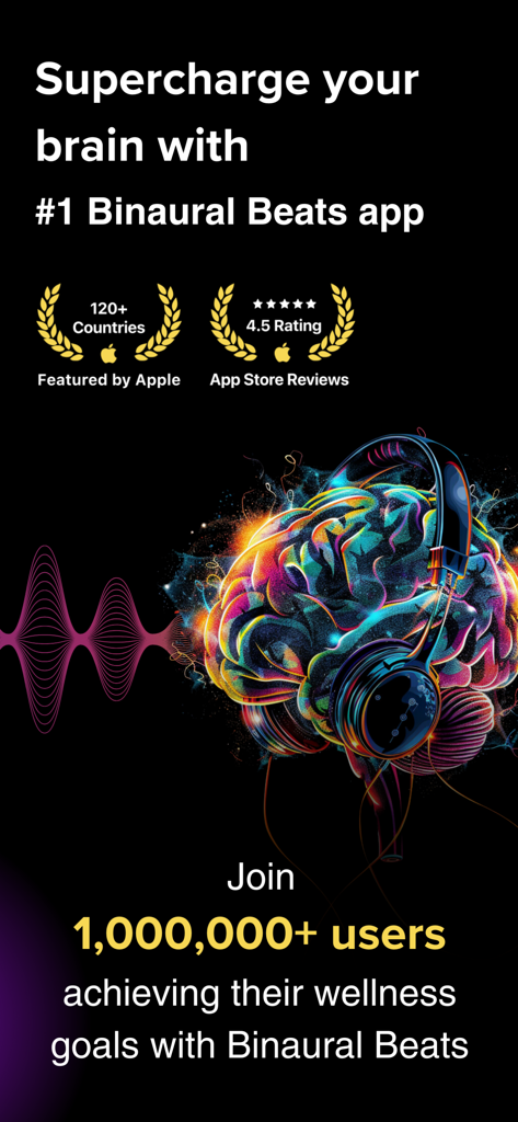 Echobay Heal: Binaural Beats - Artistic illustration of a glowing brain wearing headphones for the Echobay Heal Binaural Beats app marketing