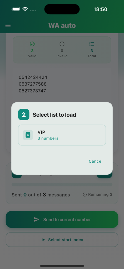 WA Auto - Interface de l'application WA Auto montrant une fenêtre contextuelle pour sélectionner une liste de contacts pour la messagerie automatisée.