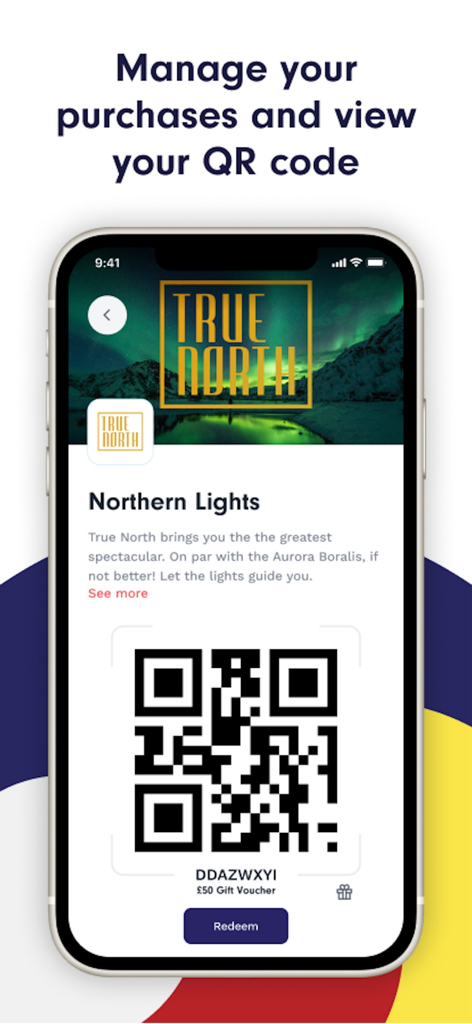 Confidentials - Confidentials app screen showing a QR code for a True North gift voucher redemption
