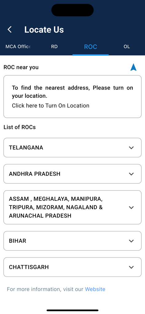 MCA India - Locate Us screen in the MCA India app displaying a list of Registrar of Companies offices by Indian state.