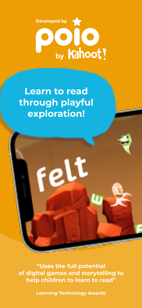 Kahoot! Learn to Read by Poio - Kahoot Learn to Read by Poio app introduction screen showing gameplay on a smartphone with characters and the word felt