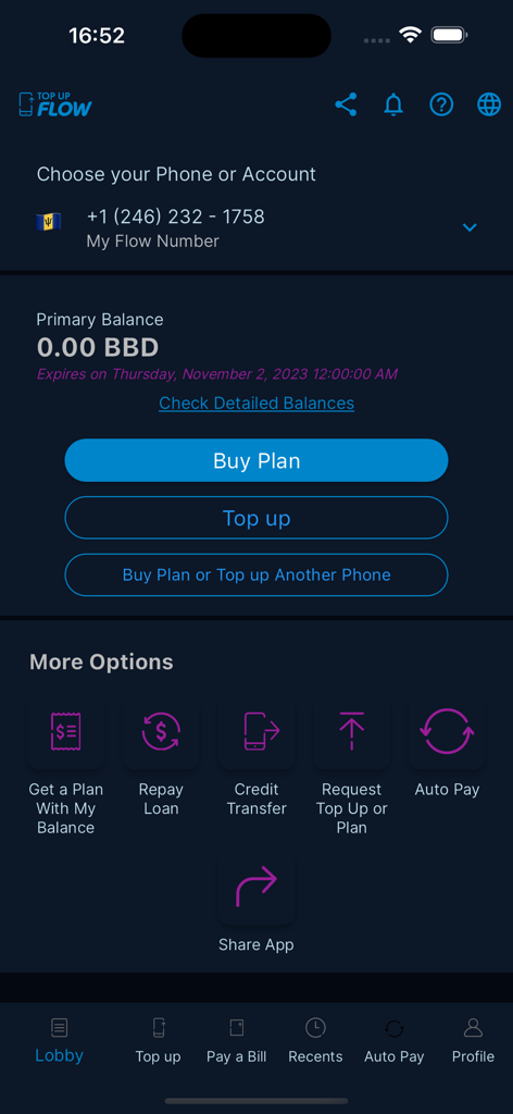 Topup Flow app dashboard showing account balance and recharge options