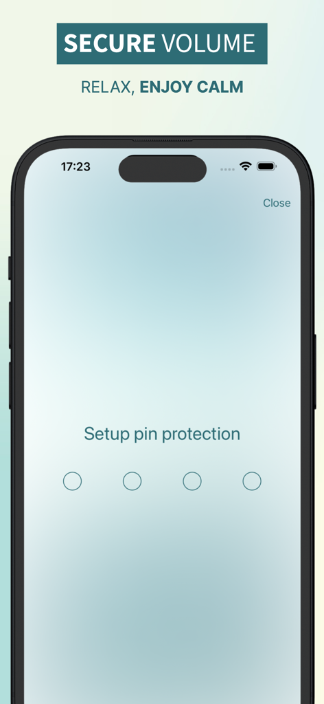 Volume Blocker and Limiter - Interfaz de smartphone para configurar un PIN seguro en la aplicación Bloqueador y Limitador de Volumen.
