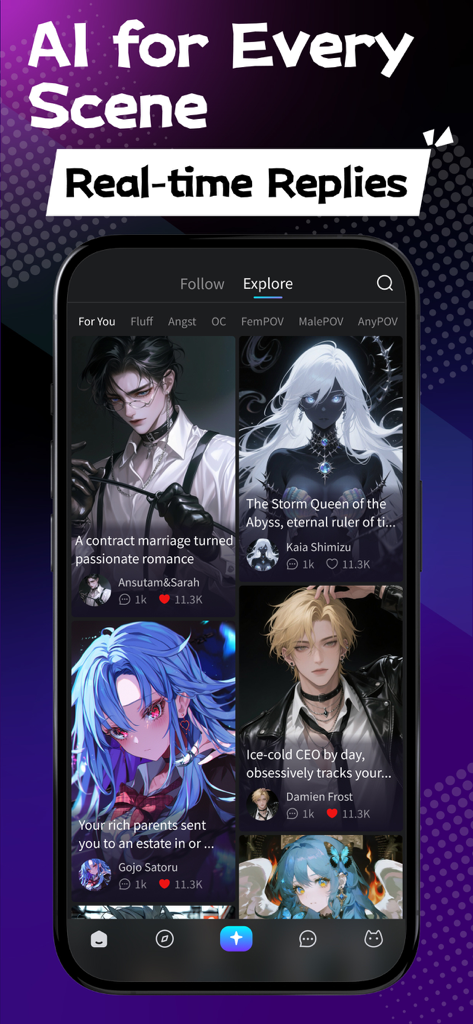 Rubii: AI Characters Community - 디지털 롤플레잉을 위한 다양한 AI 캐릭터를 보여주는 Rubii 앱 탐색 화면