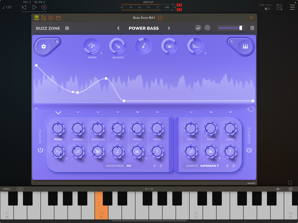 Buzz Zone - Interface of Buzz Zone music production app showing a synthesizer with wavetable controls and a virtual piano keyboard