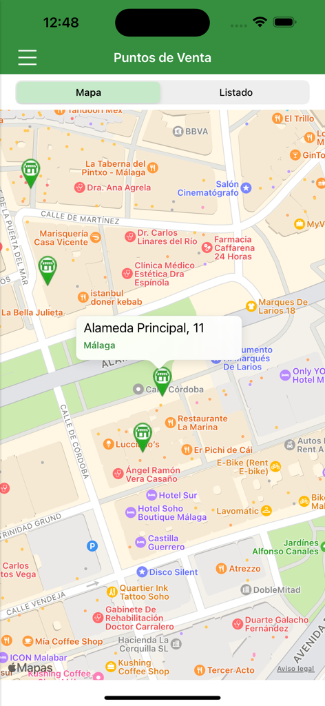 Consorcio Malaga - Mapa de la aplicación Consorcio Malaga que muestra los puntos de venta de billetes de transporte en el centro de la ciudad