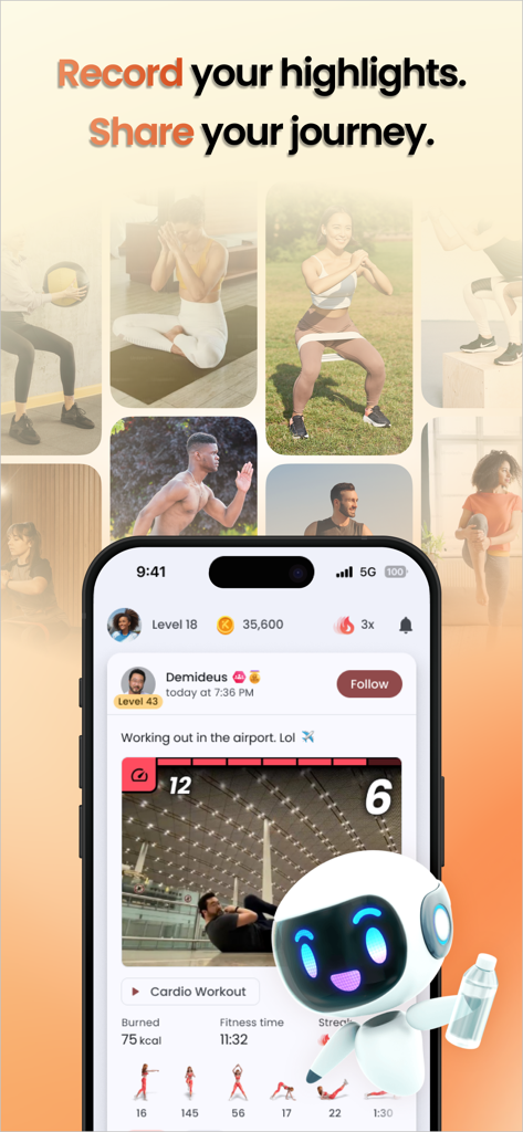Impakt AI Fitness Gym, Rewards - Impakt AI fitness app interface showing a social feed of user workout highlights and gamified reward features
