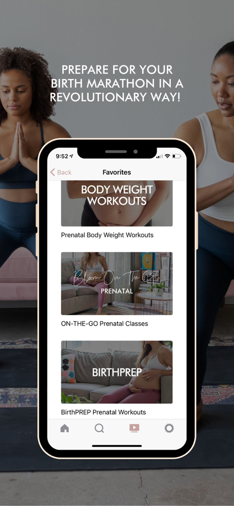 iPhone screen showing prenatal body weight and birth prep workout favorites in the Studio Bloom app