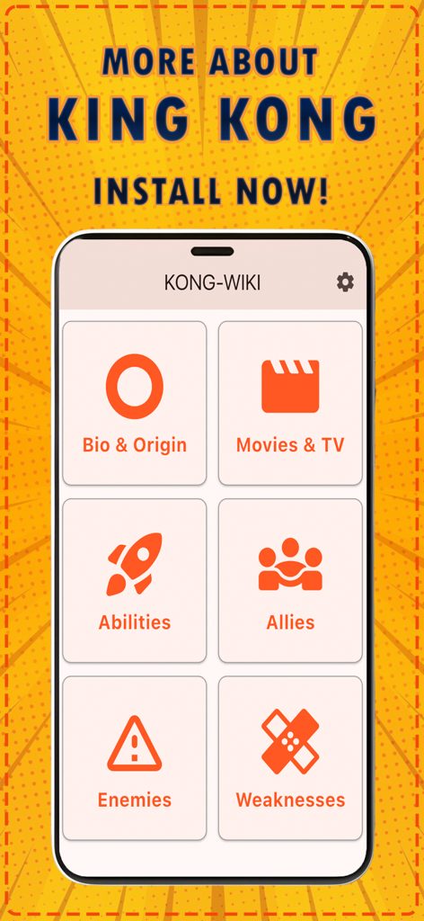 Kong Wiki | KongPedia - Kong Wiki app main menu showing various King Kong encyclopedia categories