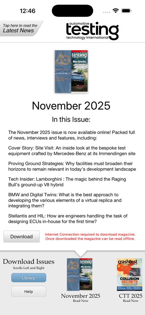 Automotive Testing Technology - Home screen of the Automotive Testing Technology International app showing the November 2025 magazine issue and article highlights