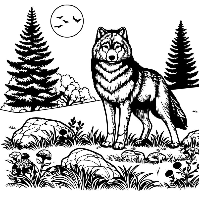 realistic wolf and grass and trees