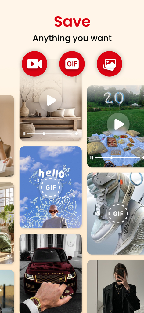 PinSaver app screen showing options to save videos gifs and photos with a grid of aesthetic content examples