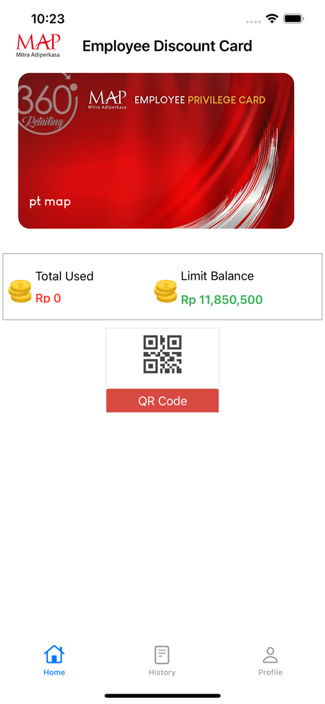 Digital MAP Employee Privilege Card interface showing the limit balance and a QR code button