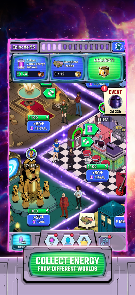 Doctor Who: Lost In Time - Doctor Who Lost In Time idle tycoon gameplay showing characters in various themed locations and energy collection tasks.