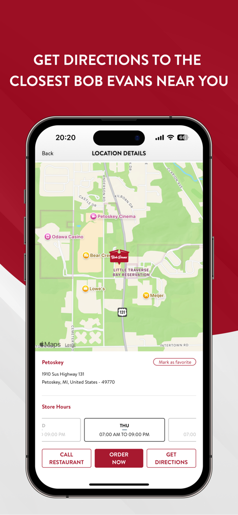 Bob Evans - Ein mobiler Bildschirm aus der Bob Evans App mit einer Karte und Geschäftdetails für ein Restaurant in Petoskey, Michigan