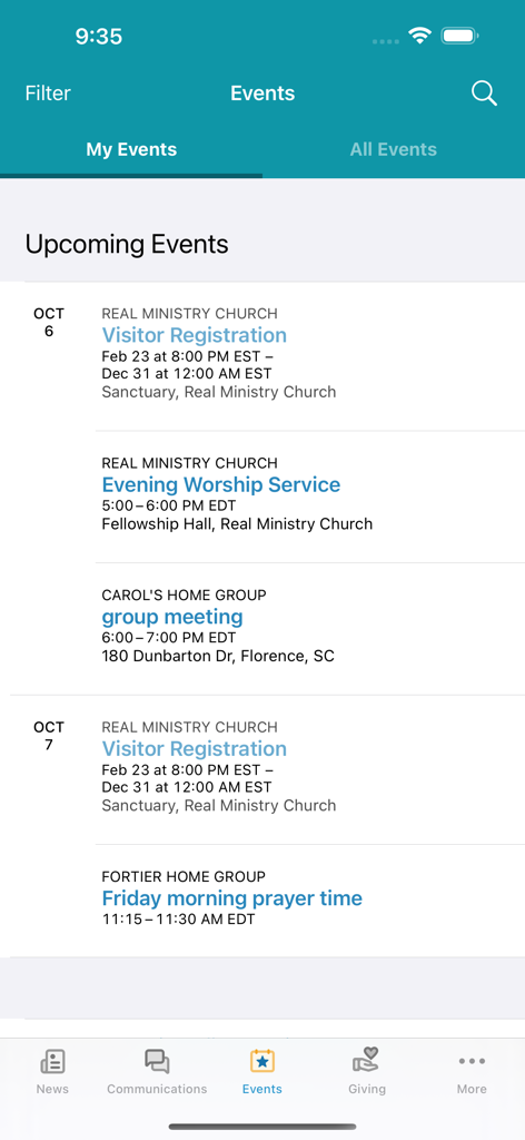 Realm Connect - For Our Church - Screen display of the Realm Connect app showing a list of upcoming church events including worship services and group meetings.