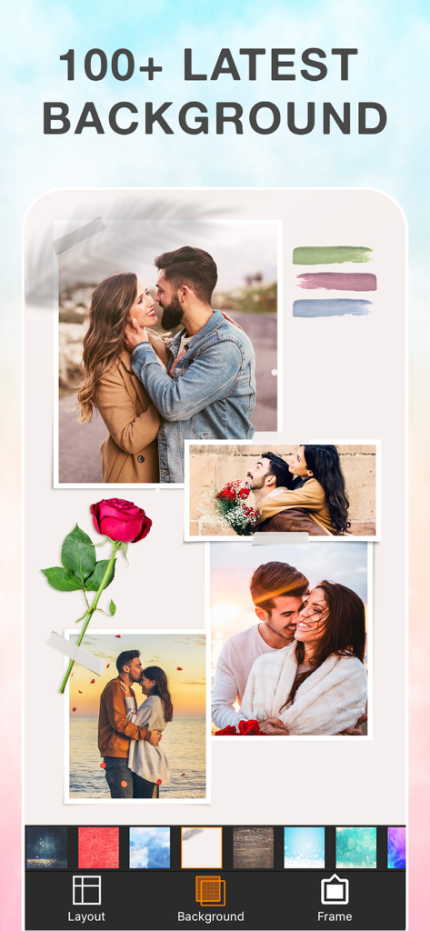 ロマンチックなスクラップブックレイアウトと、選択できるさまざまな背景テクスチャが表示されているコラージュメーカーアプリのインターフェイス。