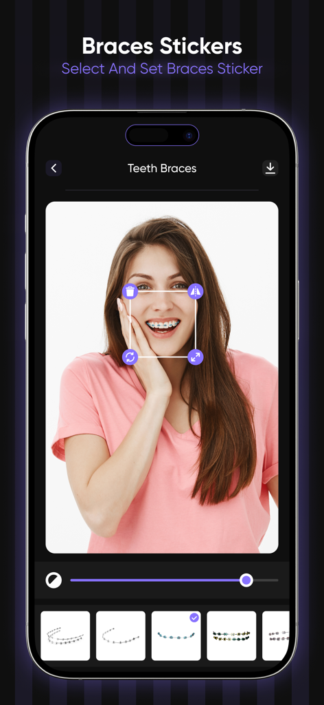 A mobile photo editor interface showing a young woman trying on different styles of virtual braces stickers with adjustment tools.