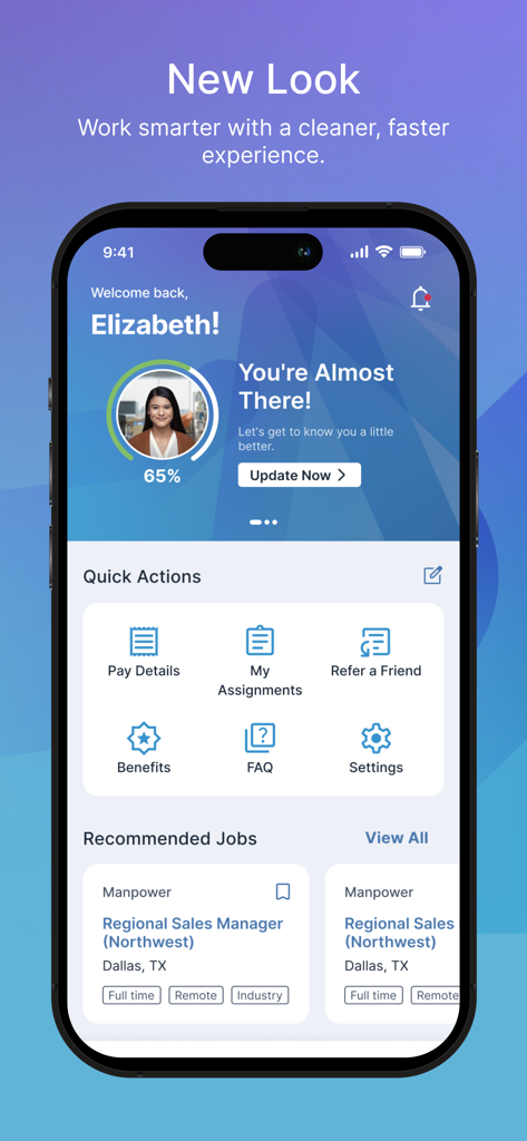 Interfaccia dell'app My Manpower che mostra una dashboard personalizzata con azioni rapide ed elenchi di lavori consigliati.