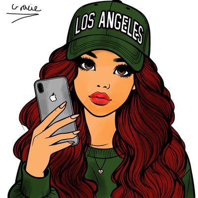 realistic beautiful girl wearing los ángeles cap holding an iphone