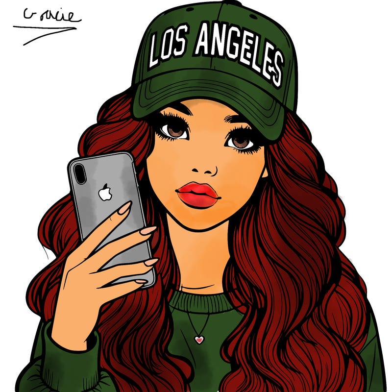 realistic beautiful girl wearing los ángeles cap holding an iphone