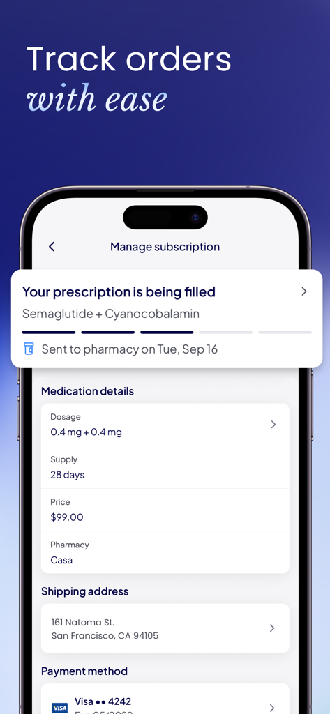 Mochi Health: Weight Loss Care - Mochi Health App-Bildschirm zeigt den Status und die Details einer Bestellung für Gewichtsverlustmedikamente