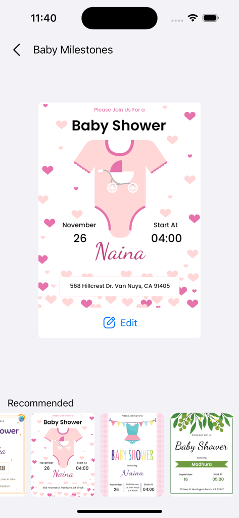 モバイルフライヤーメーカーアプリの、ピンクのハートとロンパースのイラストが付いたカスタマイズ可能なベビーシャワー招待状テンプレート