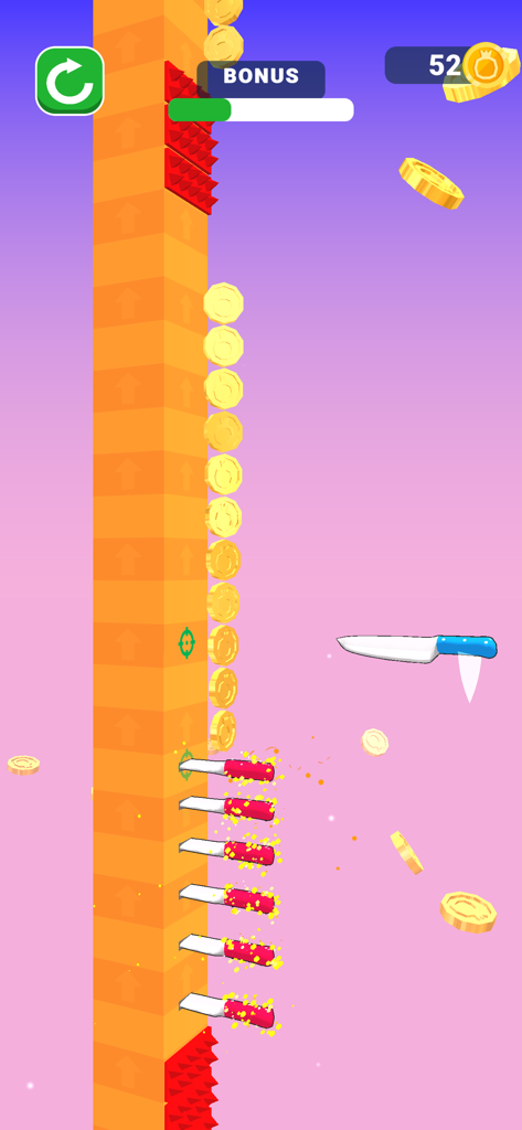 Ball Up: Knife Racing - Gameplay of Ball Up Knife Racing showing a blue knife moving towards an orange tower with coins and obstacles
