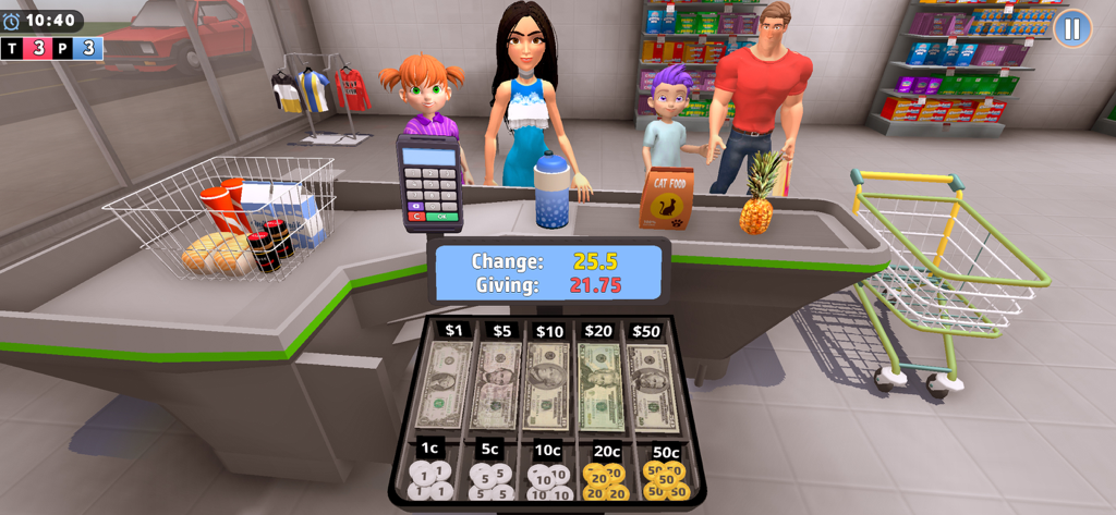 Supermarket Shopping Mall Game - レジカウンター、客、そしてドル紙幣と硬貨が入った現金引き出しを示す3Dスーパーマーケットゲームのインターフェース