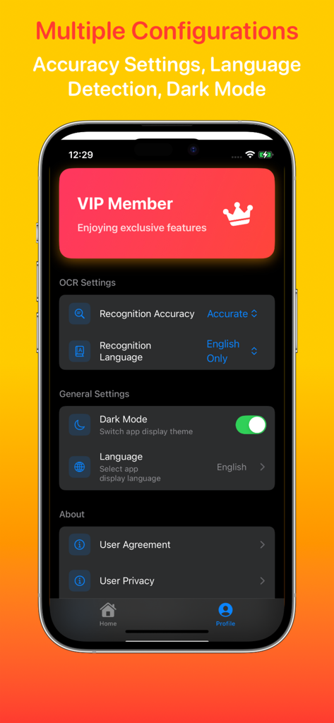 A mobile app profile screen showing OCR recognition settings, dark mode toggle, and VIP member status.