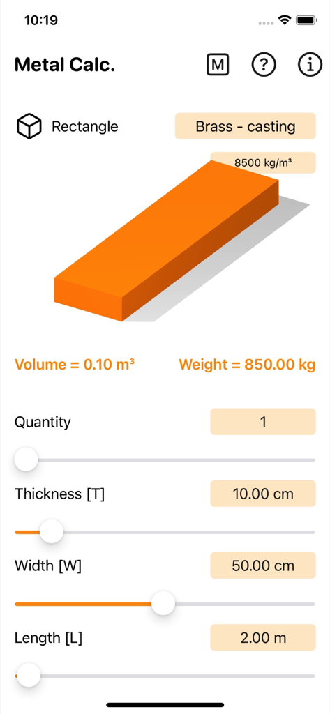 Écran de l'application Metal Calculator Plus montrant le calcul du poids et du volume pour une pièce rectangulaire en laiton