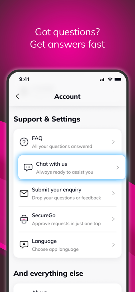 My Astro - FAQとライブチャットオプションを表示するMy Astroアプリのサポート画面