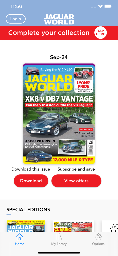 Interface do aplicativo Jaguar World Magazine exibindo a capa da edição digital de Setembro de 2024 e botões de download