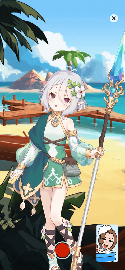 An anime girl avatar with white hair holding a staff on a tropical beach background
