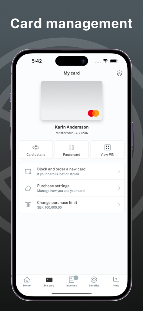 Corporate Card - Captura de pantalla de la aplicación Tarjeta Corporativa que muestra opciones de gestión de tarjeta, incluyendo pausar tarjeta y ver PIN.