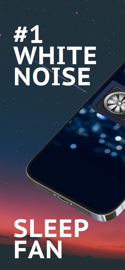 Sleep Fan app interface on a mobile phone showing a fan icon against a starry night sky and sunset background