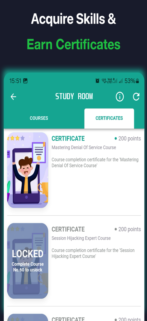Ethical Hacking University App - A screenshot of the Ethical Hacking University app showing the study room with a list of cybersecurity certificates.