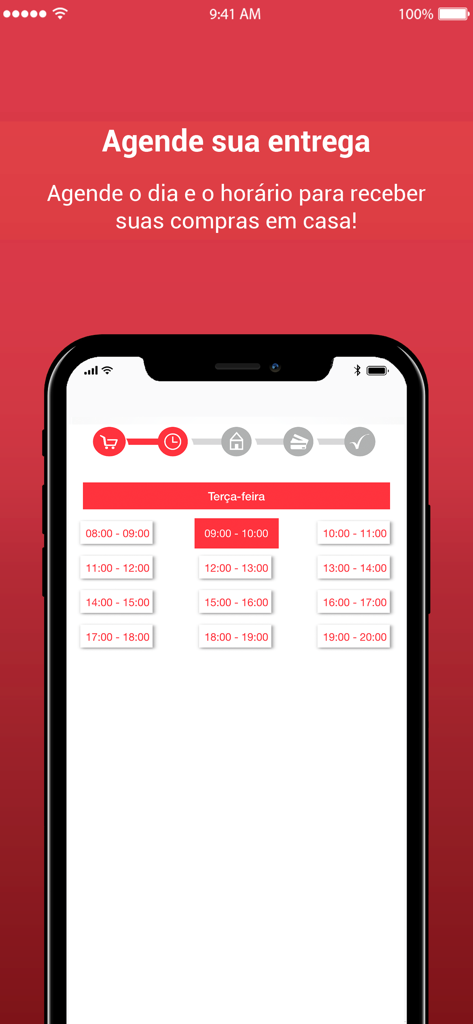 Supermercado Moranguinho - Supermercado Moranguinho app delivery scheduling screen with time slots for grocery delivery