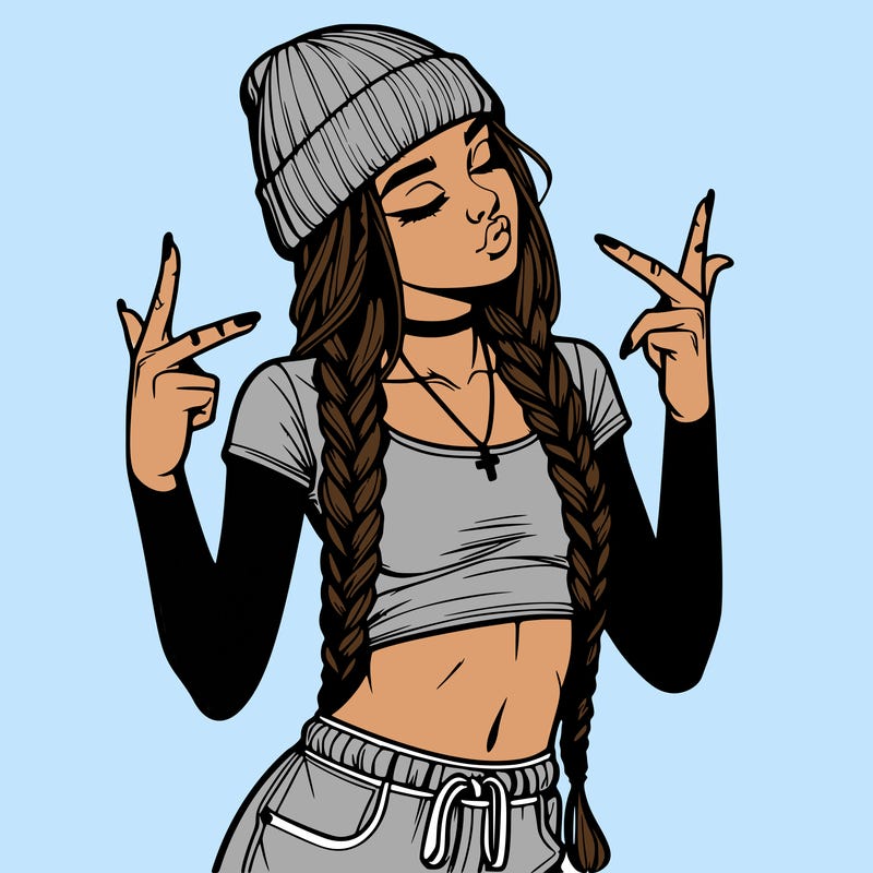 realistic teenage girl with braids and a beanie and crop top doing 🫶🏼