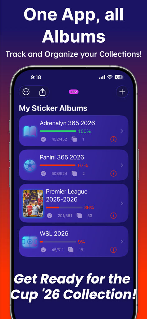 Sticker Collector 26 - Interfaz de la aplicación Sticker Collector 26 que muestra una lista de álbumes de cromos de fútbol con barras de seguimiento de progreso