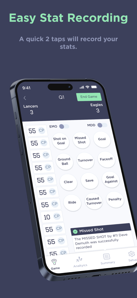 SquadProfile app interface showing easy two-tap lacrosse stat recording for players and game events