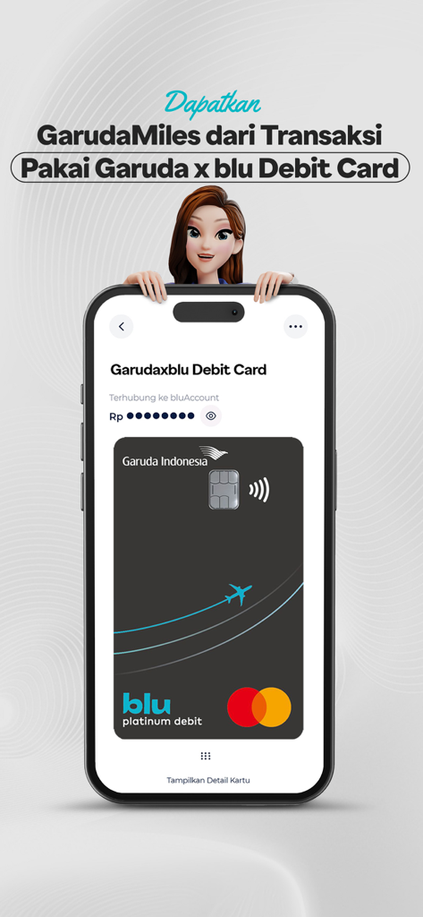 blu by BCA Digital - Ein Smartphone zeigt die Benutzeroberfläche der Garuda x blu Mastercard Platinum Debitkarte zum Sammeln von Reisebelohnungen.
