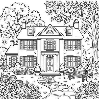 Escape to a picturesque summer day with this stunning Colonial Mansion coloring page. Delicately drawn, it invites you to add vibrant hues to its classic architecture and beautiful, flourishing gardens.