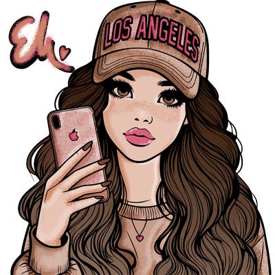 realistic beautiful girl wearing los ángeles cap holding an iphone