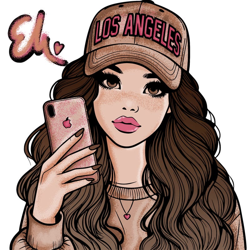realistic beautiful girl wearing los ángeles cap holding an iphone