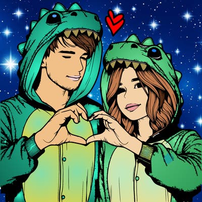 realistic couple wearing matching dinosaur onesies with heart hand gesture