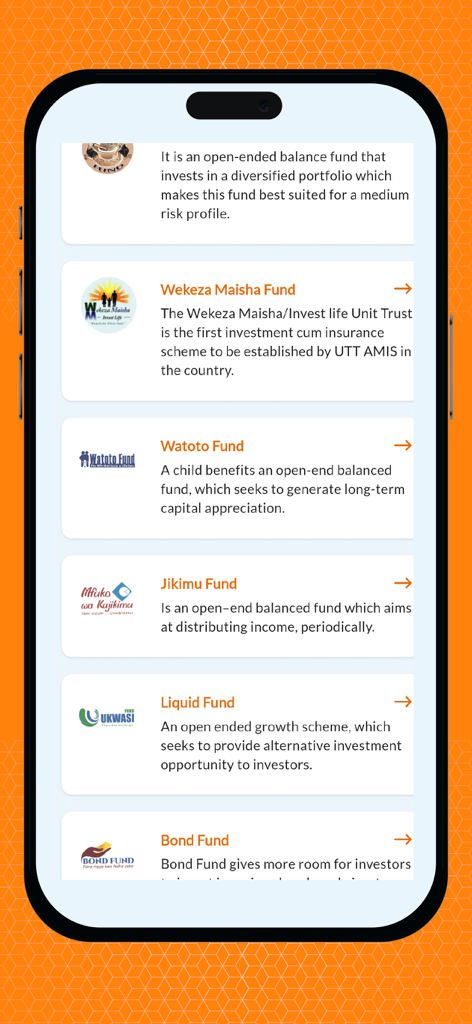 Screenshot der UTT AMIS Mobile-App mit verfügbaren Investmentfonds, einschließlich Watoto Jikimu und Liquid Fund Optionen.