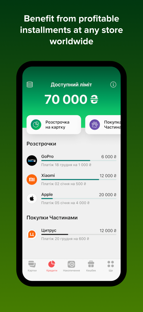 monobank: first digital bank - Interfaccia dell'app Monobank che mostra il limite di credito disponibile e le opzioni di pagamento a rate per marchi come Apple e Xiaomi